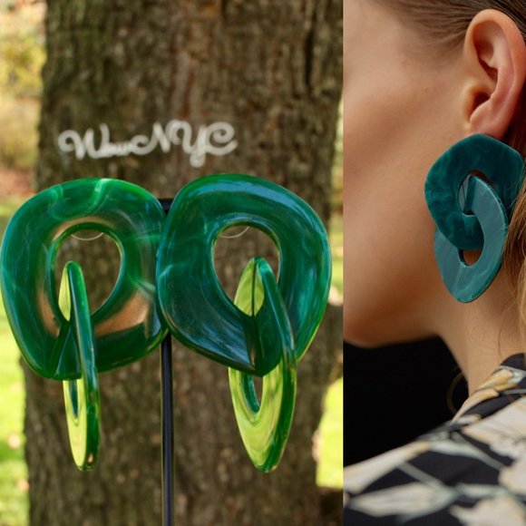 New Green Tortoise Layered Circle Chain Earrings Bold Big Large Bright Link Cool - Picture 1 of 11
